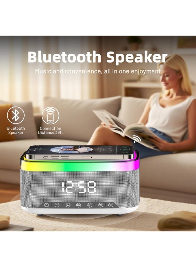 Bluetooth Speaker with Wireless Charging Digital Clock LED Display 15W Qi Charging Station 2 x 10W Speakers7 Ambient Lights BT5.3/AUX/TF/USB for Home Bedside Travel - Image 1
